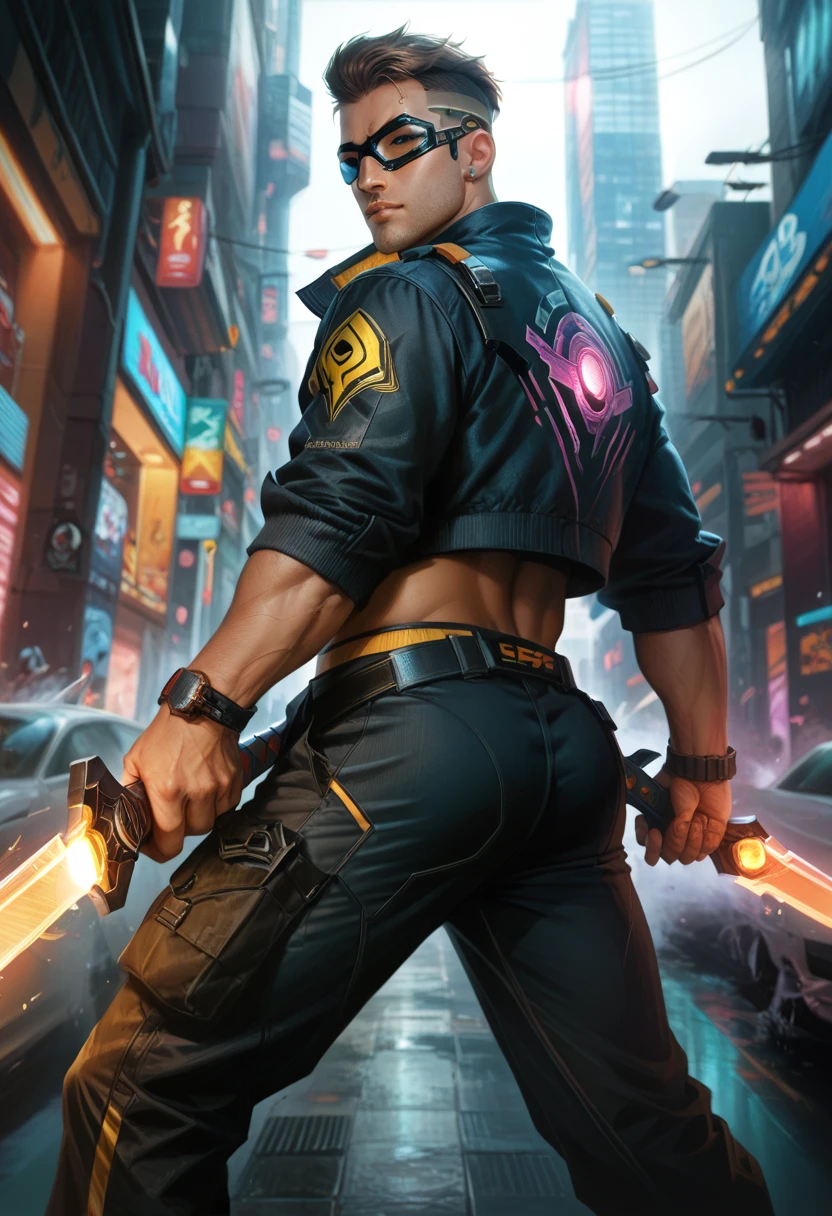 a man, sexy man, male focus, modern cyberpunk clothes from the outskirts, dark skin, the man is muscular, cyber mask, the man has undercut brown hair, hold a sword, dynamic combat pose, dynamic angle, sexy, bulge, erotic, bara style, realistic, muscular, ass