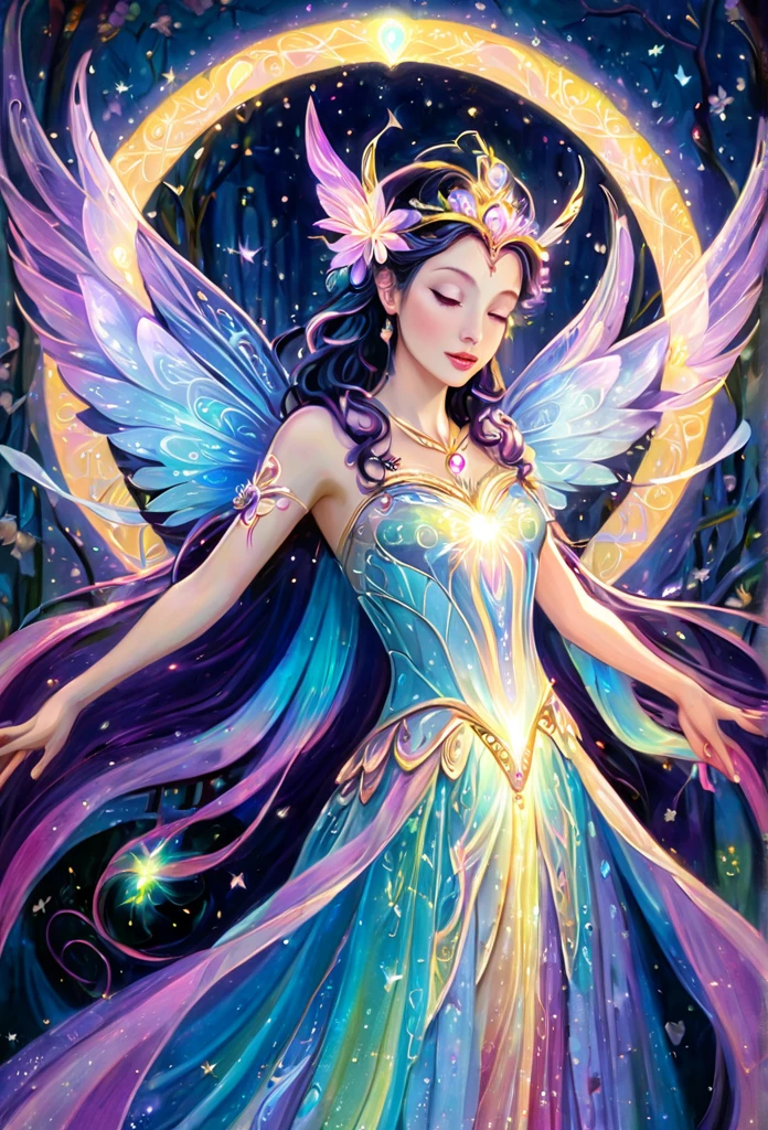 Astonishingly brilliant, colorful, dazzling, ethereal figure, skillfully crafted cameo using mother of pearl, delicate pastel colors, delicate silver wire work, enhancing the shine, elegant opalescent marbled, luminous, mystical, magical, the colors shine in the light, glossy, intense lighting, holographic reflexes, intricate, highly detailed, crisp quality, dynamic lighting, hyperdetailed and realistic, cinematic smooth, unreal engine