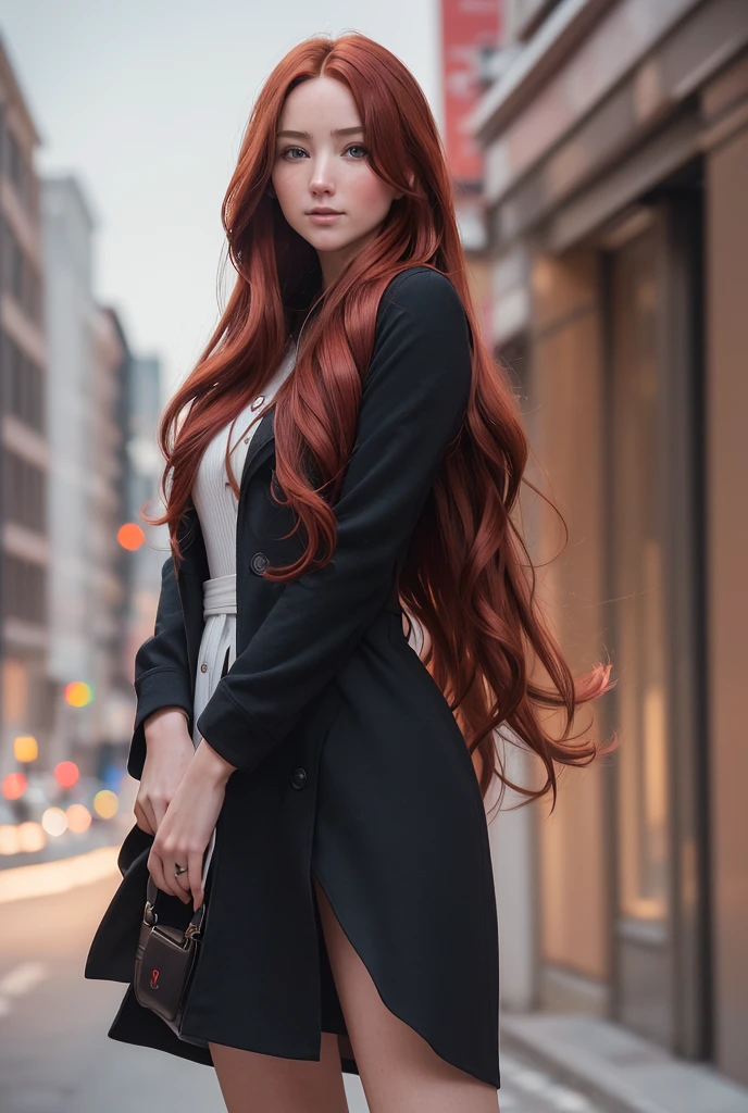 (Full body shot)(European girl)(no clothes)(extra long wavy red hair)(detailed face)(detailed skin with facial features)(fair skin)(megacity setting)(warm colors)(perfect proportion)(photorealistic)(best quality)(detailed)(photographed on Canon EOS R5, 50mm lens, F/2.8, HDR)(cinematic lighting)(sharp focus)(intricate)