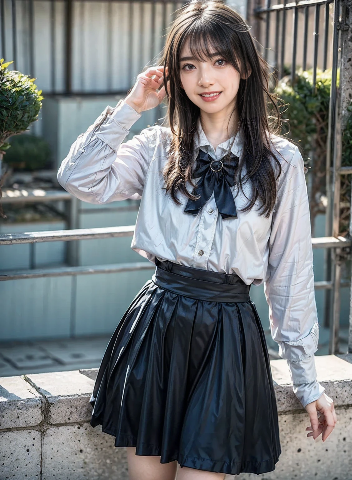 (8K、RAW Photos、Highest quality、masterpiece:1.2)、(Realistic、Photorealistic)、1 Girl、((Fantasy World、Black and white dress、frills、big sleeve、I can see your legs、Big Breasts、Viewed from the front、in the forest、Straight hair))、Lots of eyelashes、Add shine to your eyelids、skeletally correct、Sweaty body、Beautifully trimmed fingertips、smile、Stand with hands on hips、 the sky