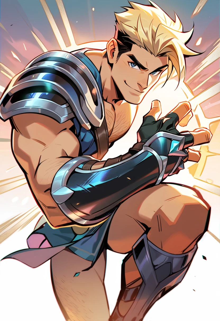 score_9, score_8_up, score_7_up, score_6_up, intricate detail, best quality, 
1 male, handsome, muscular, 20 years old, long legs, tall, blonde hair, chest hair, body hair, armpit hair, leg hair, confident smile, combat stance, looking at the viewer, gladiator, metal armor, fingerless gauntlets, greaves, shoulder armor, tiny silk loincloth,, bulgem erotic, flaccid penis, cum