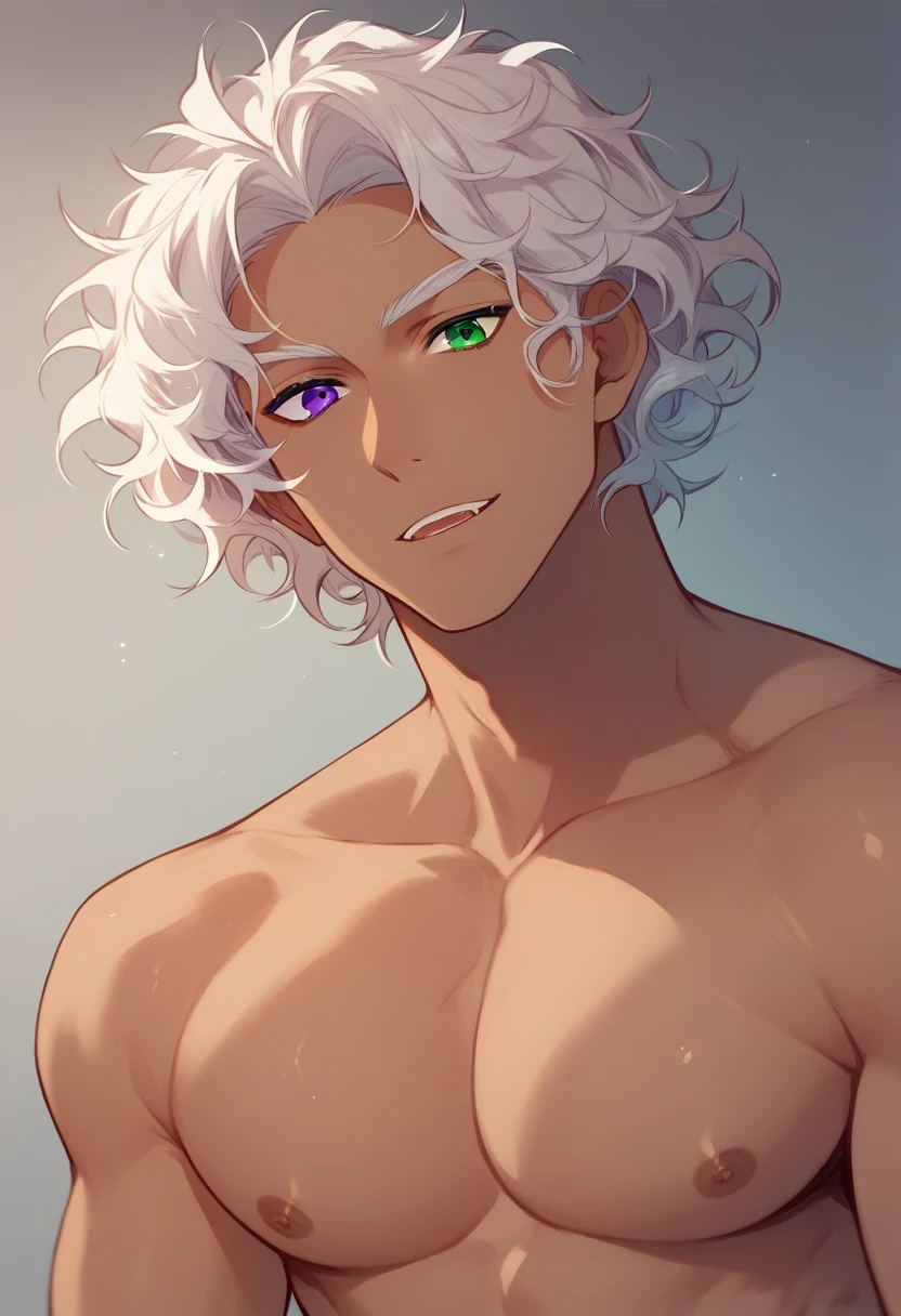 (taller tanned man with messy curly white hair), heterochromia,  purple eye, green eye, alchemist of Khaenri'ah 