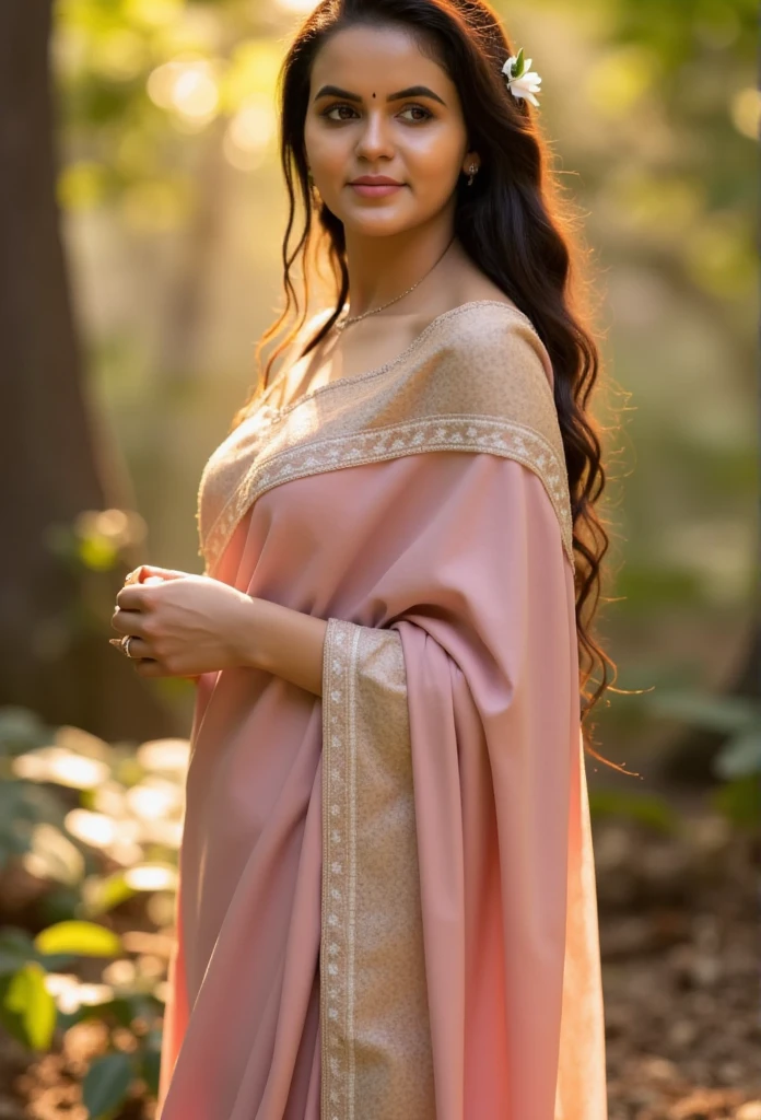 A stunning female busty model standing in a magical forest bathed in golden sunlight. She is wearing a flowing, translucent gown in soft pastel tones, which drapes beautifully around her body. Her wet hair flows freely, adorned with delicate flowers and leaves. Light streams through the dense canopy, creating a dreamy, glowing atmosphere, while water droplets glisten on her skin and dress, suggesting she just stepped out of a river or waterfall. Her expression is serene and otherworldly, with a soft gaze into the distance. The forest floor is covered in moss and ferns, and faint mist swirls around her feet, adding to the ethereal beauty of the scen