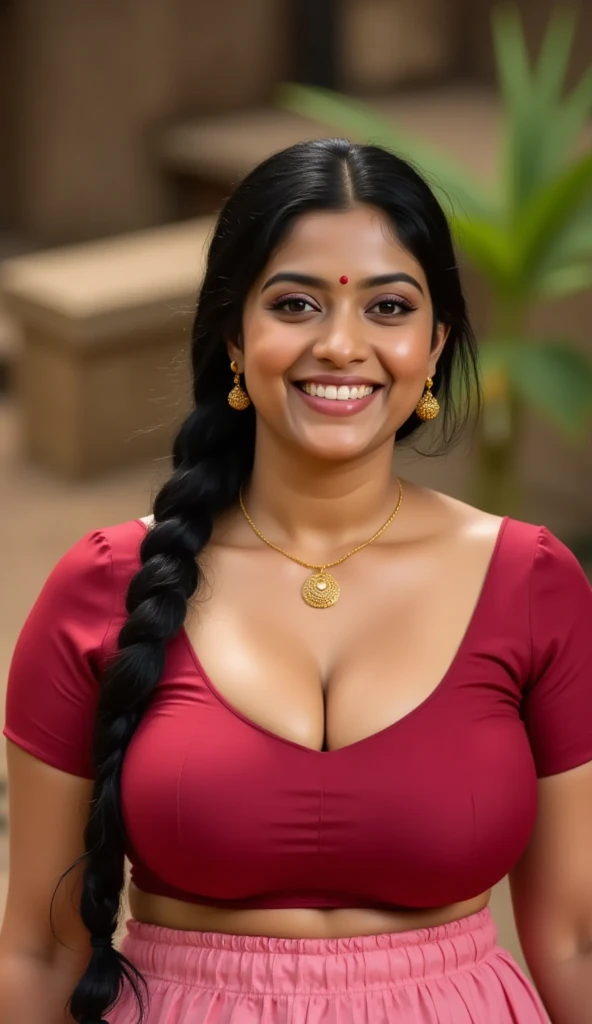  indian chubby woman is wearing a full pink long skirt, village forest hut, red satin off shoulder Hook blouse with bra straps,big Deep cleavage,big sexy chest,big boobs,detailed body and face, big bright eyes, charming, sexy, perfect anatomy, braid hair, detailed background, 8k,big chest, from above 