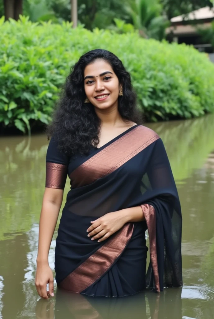 Photo of Kerala  mallu female with fair Indian skin tone and black long hair. chubby  body figure and big breast.Wearing wet black printed saree and sleeveless black blouse in kerala pond.Full size photo.big breast.Detailed photo. Realistic photo. Photo taken in nikon camera.face looking straight.