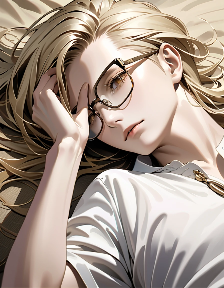  top grade 、 very detailed、 boys、 shortcuts、Hand covering one eye 、Blonde、 all back、gold frameless glasses、Rectangular Glasses、 lying down 、 brown eyes、 realistic drawing、 facing the side、 Hair Fluttering in the Wind 