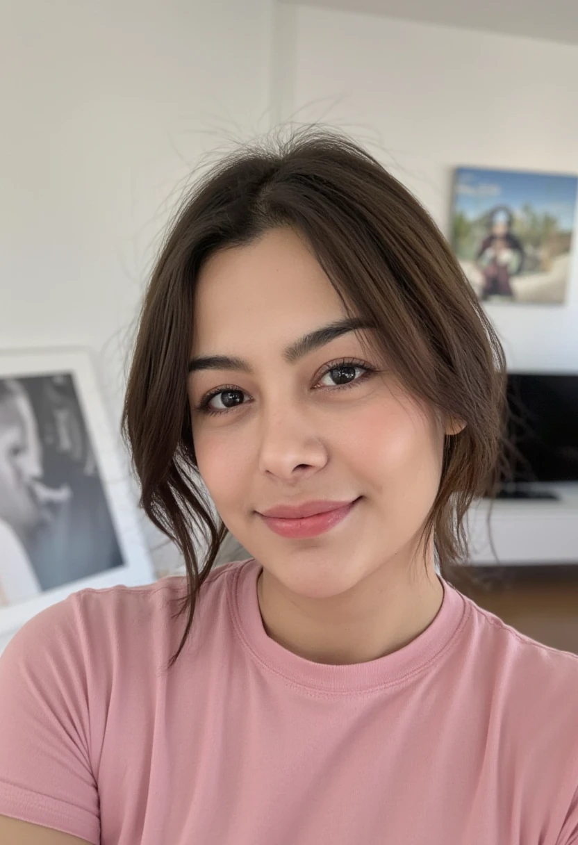 RAW photo of l4r1ss4r1qu3lm3 woman, wearing a pink tshirt, in a living room, detailed face, natural lighting, highly detailed, absurdres, smile happy
