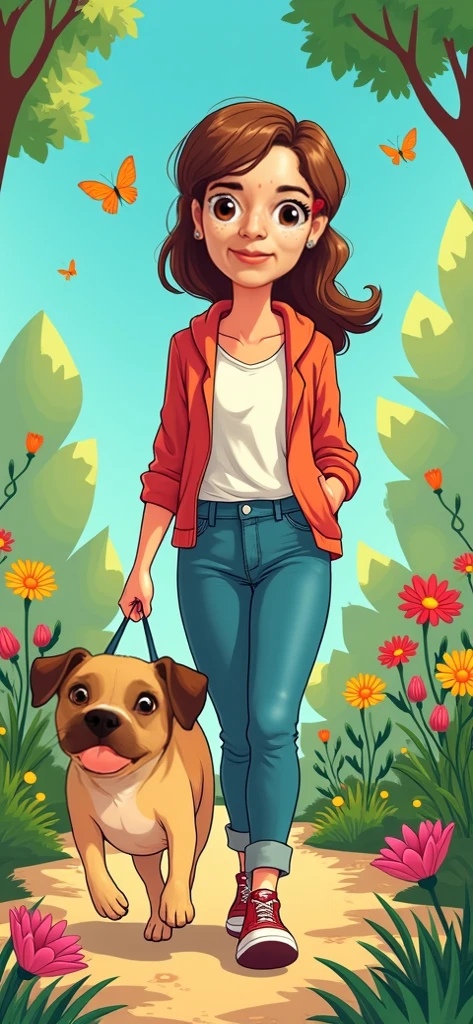 Make a cartoon of her accompanied by her dog Peagle