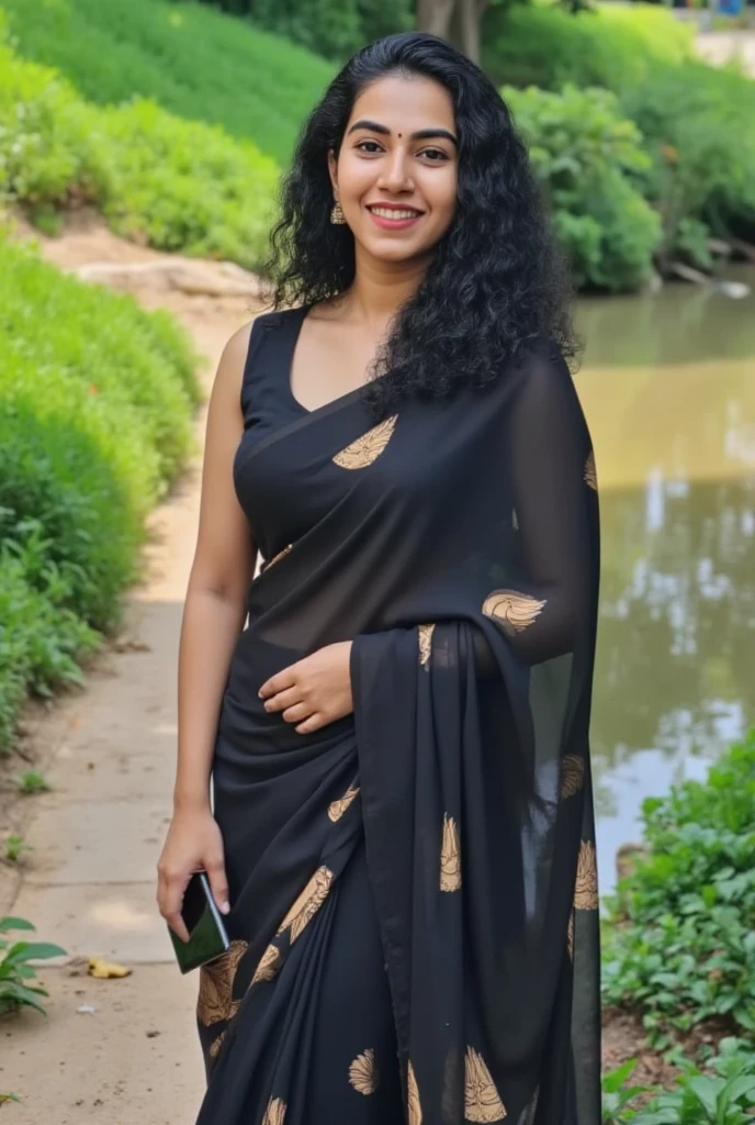 Photo of Kerala  mallu female with fair Indian skin tone and black long hair. chubby  body figure and big breast.Wearing black printed saree and sleeveless black blouse in kerala pond.Full size photo.big breast.Detailed photo. Realistic photo. Photo taken in nikon camera.face looking straight.