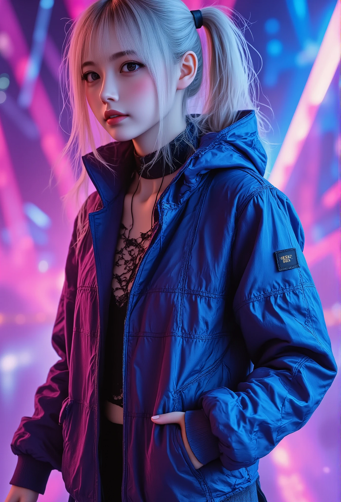 photo realistic, best quality, 1girl, (fullbody),blonde hair, hooded jacket,wide pants,looking away, shading expression, vibrant neon colors, abstract background, blue and pink lighting, dynamic composition, streetwear style, futuristic vibe, bold color contrast, cyberpunk atmosphere, strong shadows, intense and edgy mood