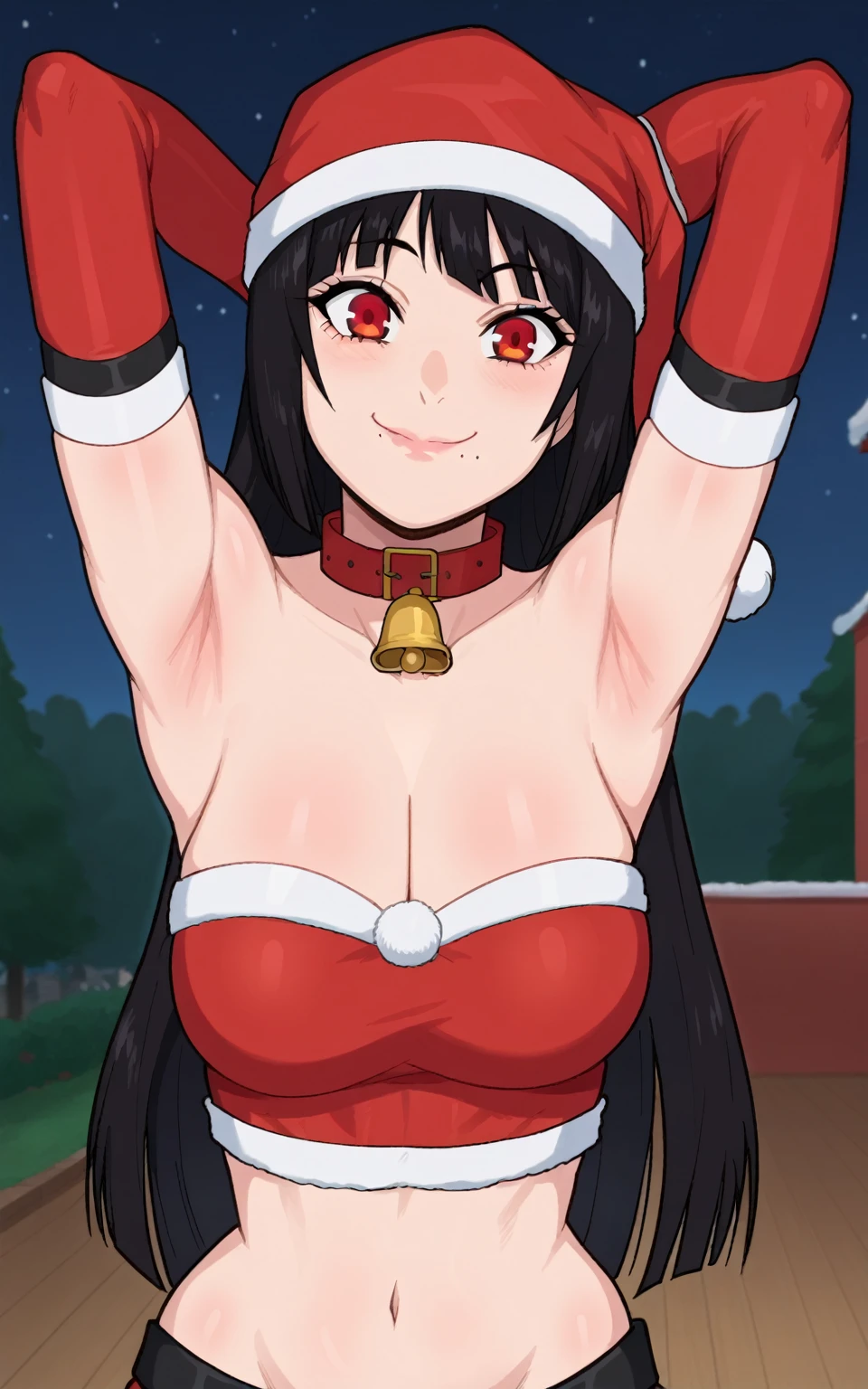 score_9, score_8_up, score_7_up, source_anime, anime screencap, 1girl, solo, yumeko jabami, long hair, red eyes, black hair, mole under mouth, bangs, cleavage, Santa costume, Santa hat, red tube top, red elbow gloves, long gloves, red collar with a bell, navel, bellybutton, bare shoulders, arms behind head, armpits, looking at viewer, head towards viewer, smile, badhandv4, outdoors, night, closed mouth, midriff 