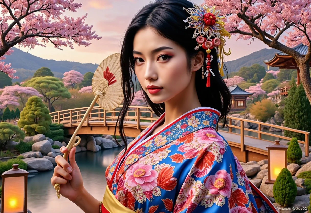 An alluring beautiful woman in a tranquil Japanese garden during cherry blossom season, depicted in a Baroque style, blending natural beauty with dramatic, ornate details. Photo realistic