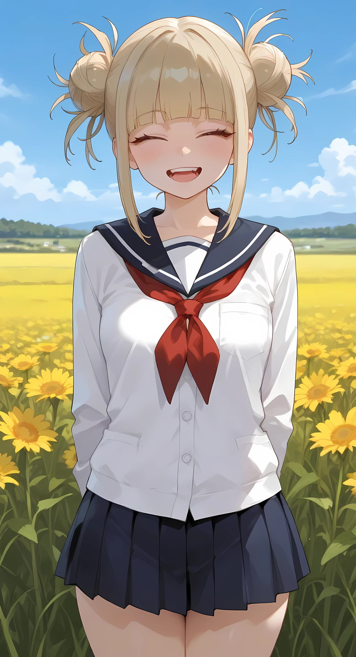 masterpiece,best quality,amazing quality,very aesthetic,absurdres,newest, huge filesize,
 toga himiko, school uniform,Closed up,Put your hands behind your back,
masterpiece,best quality,absurdres,detailed skin,official art,
looking at viewer,open mouth, closed eyes,,, happy smile, meadow,blue sky