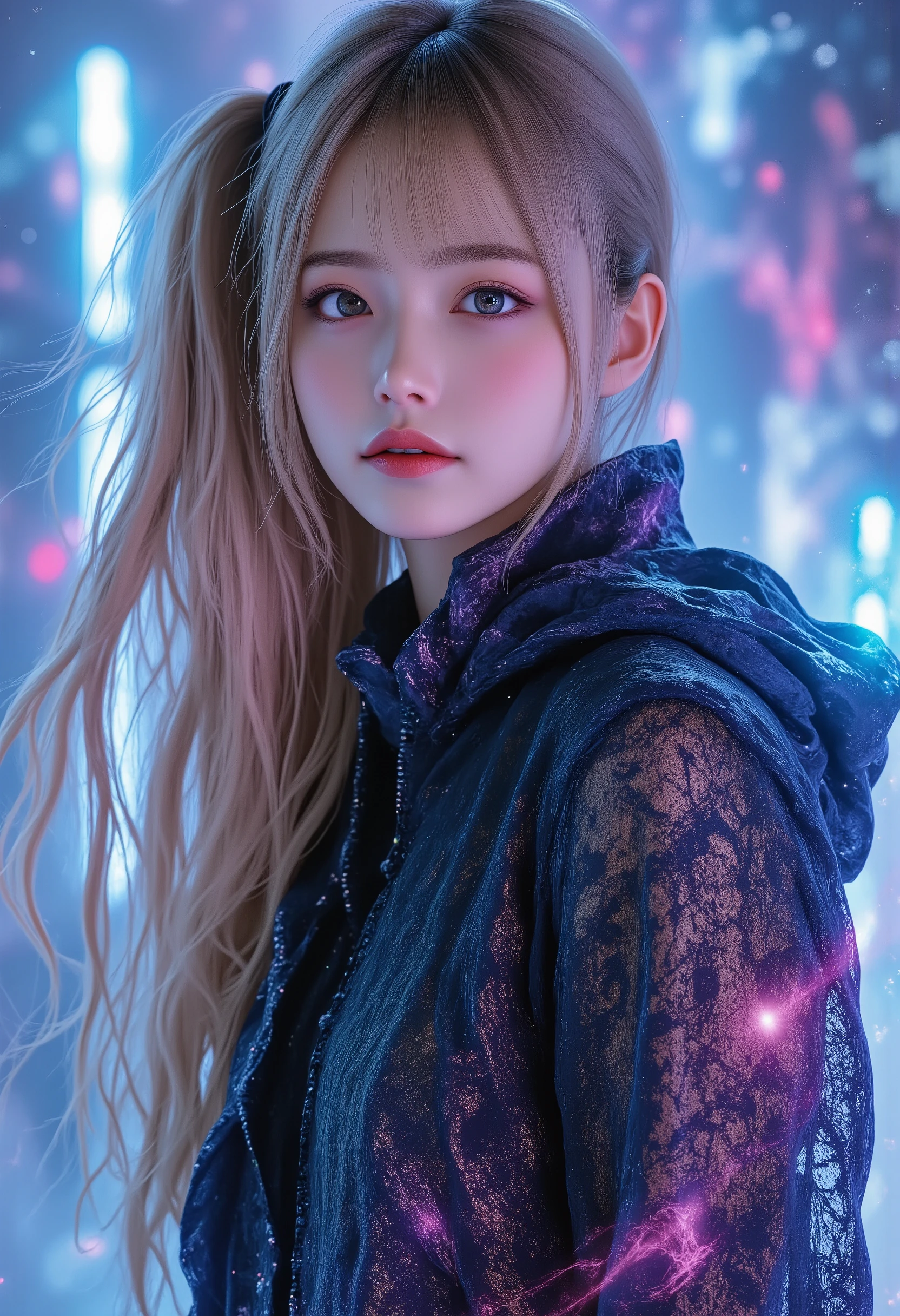 photo realistic, best quality, 1girl, full body,blonde hair, hooded jacket, serious expression, vibrant neon colors, abstract background, blue and pink lighting, dynamic composition, streetwear style, futuristic vibe, bold color contrast, cyberpunk atmosphere, strong shadows, intense and edgy mood