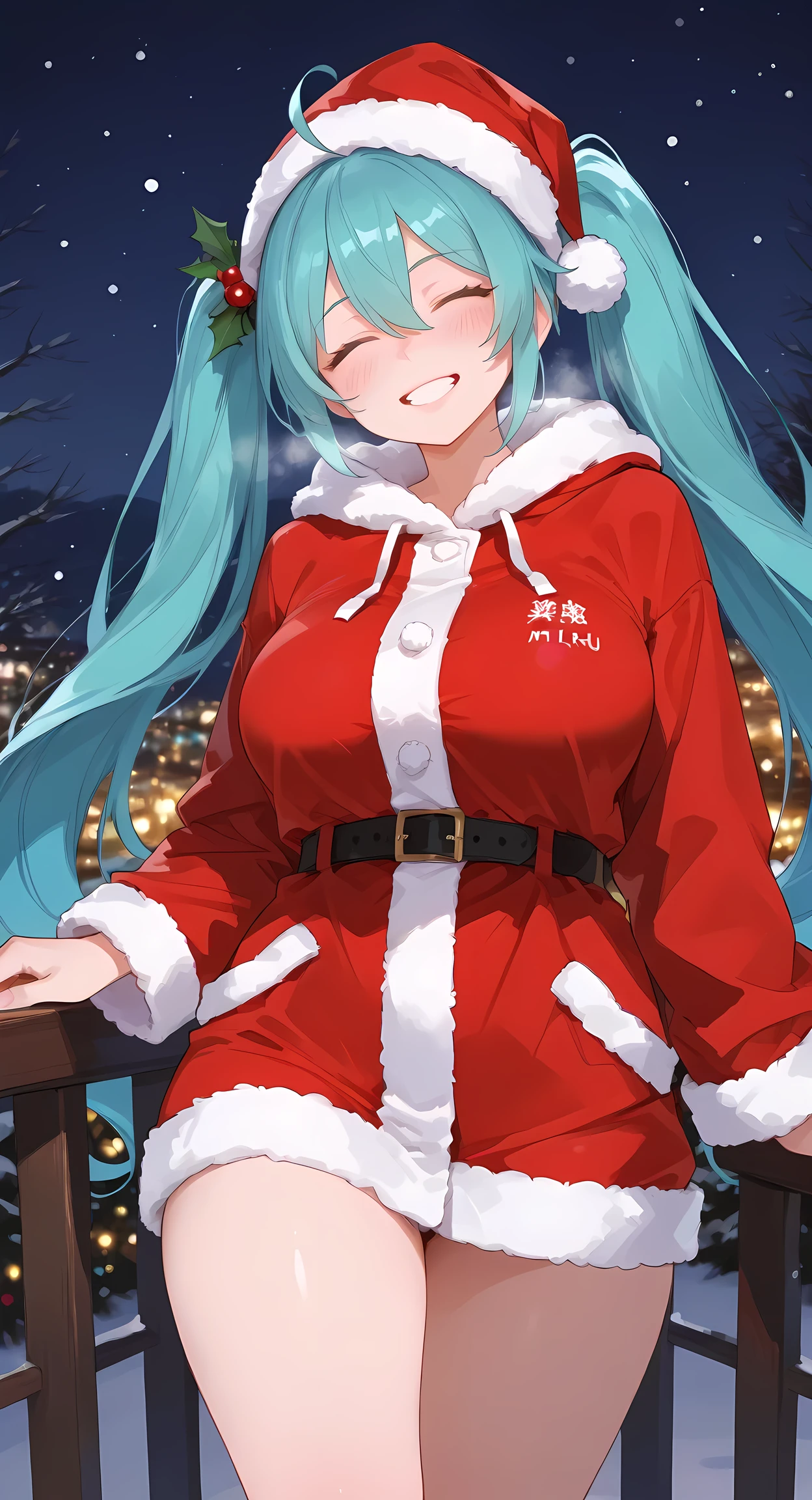 1girl, hatsune miku, large breasts, grin, open mouth, closed eyes, panorama shot, ahoge, aqua eyes, aqua hair, hair between eyes, long hair, twintails, smile, santa, santa clothing, santa hat, winter, night, snowfall, msk12003, masterpiece, best quality, very aesthetic, absurdres, newest