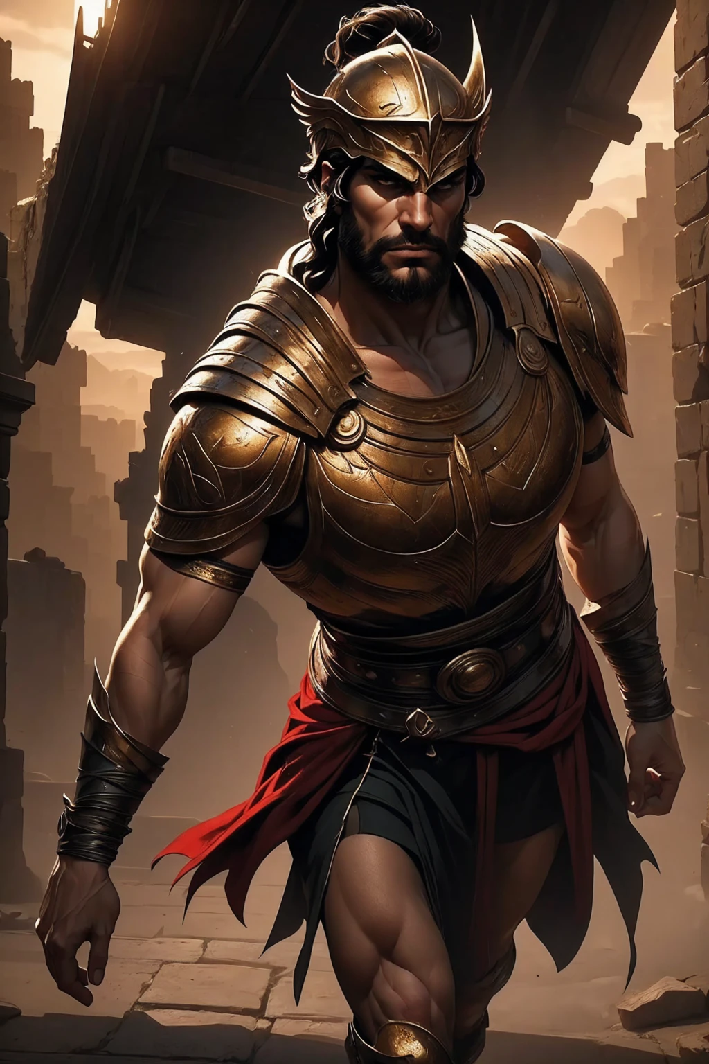 a 45 year old man, black hair, helmet ,prince of troy ,hector of troy, (best quality,4k,8k,highres,masterpiece:1.2),ultra-detailed,(realistic,photorealistic,photo-realistic:1.37),hyperrealistic,cinematic lighting,extremely detailed face and body,dramatic pose,epic scale,dramatic lighting,dark moody colors,chiaroscuro lighting,dramatic shadows, on the war, whole body, comic style, walking, in combat, show the feets