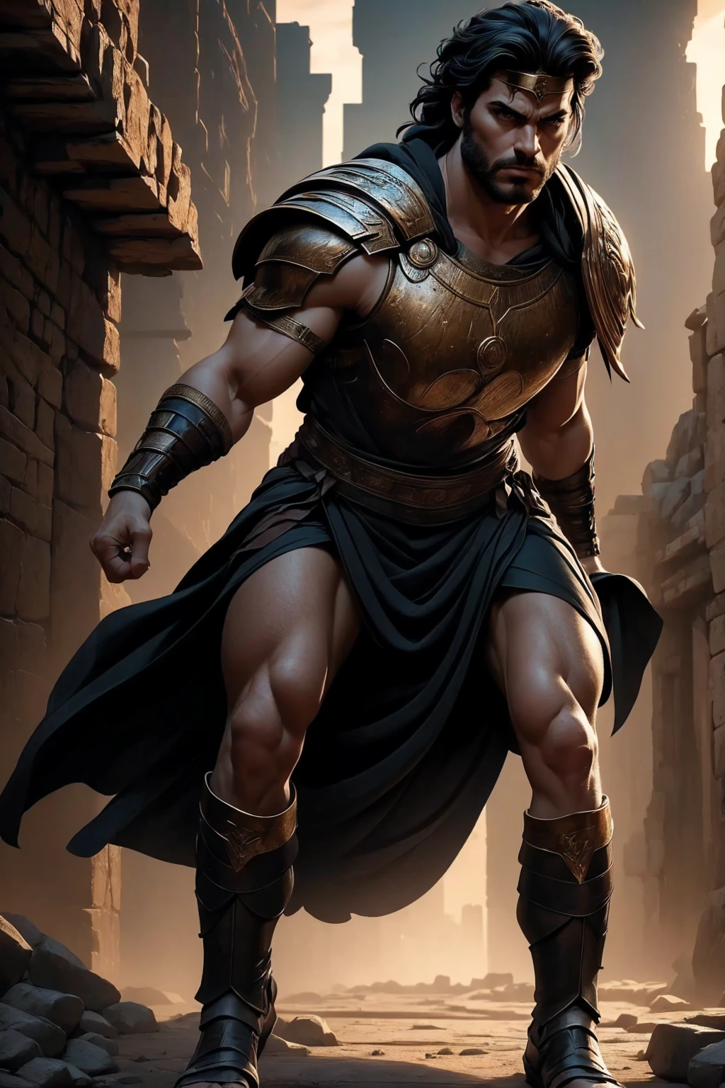 a 45 year old man, black hair, helmet ,prince of troy ,hector of troy, (best quality,4k,8k,highres,masterpiece:1.2),ultra-detailed,(realistic,photorealistic,photo-realistic:1.37),hyperrealistic,cinematic lighting,extremely detailed face and body,dramatic pose,epic scale,dramatic lighting,dark moody colors,chiaroscuro lighting,dramatic shadows, on the war, whole body, comic style, walking, in combat, show the feets