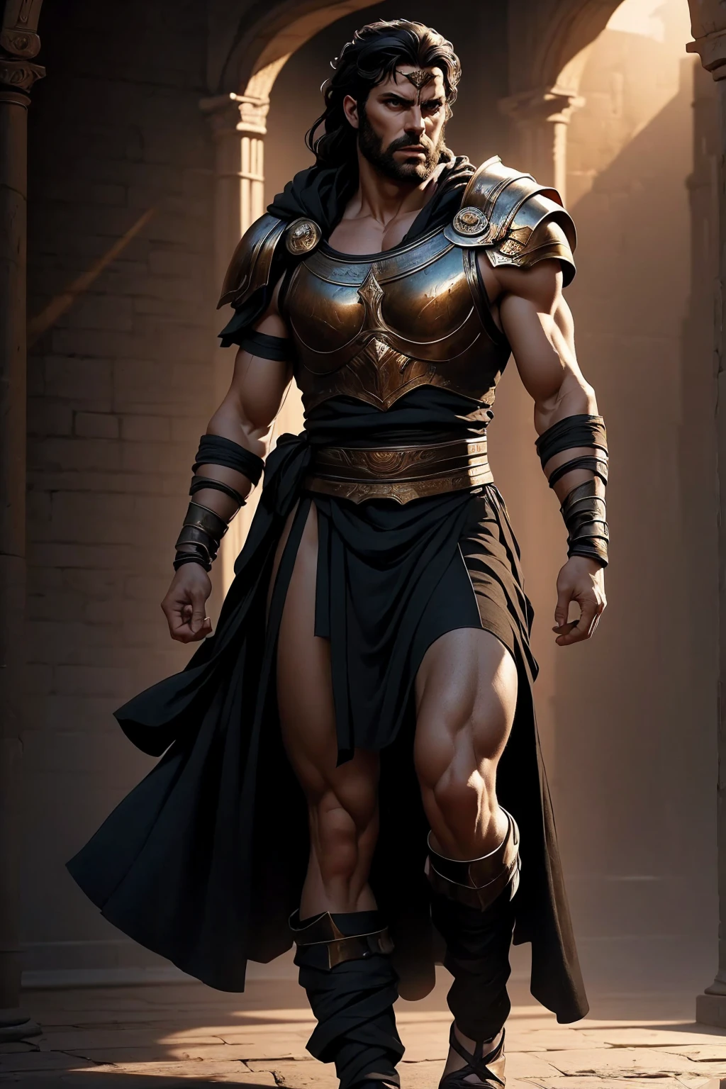 a 45 year old man, black hair, helmet ,prince of troy ,hector of troy, (best quality,4k,8k,highres,masterpiece:1.2),ultra-detailed,(realistic,photorealistic,photo-realistic:1.37),hyperrealistic,cinematic lighting,extremely detailed face and body,dramatic pose,epic scale,dramatic lighting,dark moody colors,chiaroscuro lighting,dramatic shadows, on the war, whole body, comic style, walking, in combat, show the feets