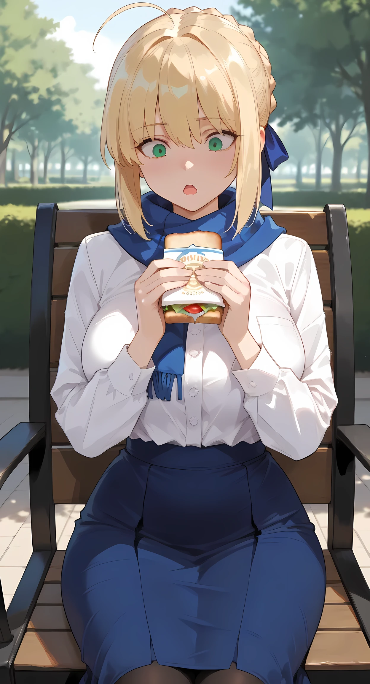 masterpiece, best quality, amazing quality, very aesthetic, absurdres, newest, scenery, 1girl, solo, huge breasts, surprised, blush, open mouth, artoria pendragon (fate), saber (fate), blonde hair, green eyes, ahoge, hair ribbon, blue ribbon, french braid, braided bun, single hair bun, short hair, sidelocks, blue scarf, white jacket, long sleeves, blue skirt, long skirt, black pantyhose, sitting, on chair, holding sandwich, park, outside, upper body, front view, looking down, shiny skin, masterpiece, best quality, amazing quality, very aesthetic, absurdres, newest, scenery