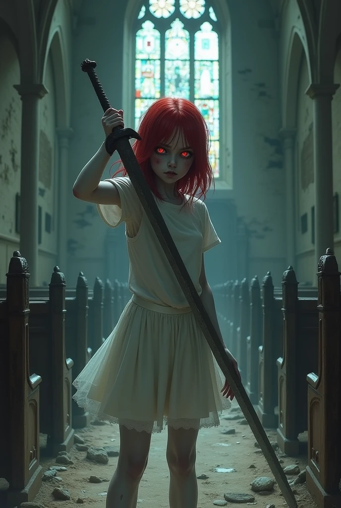 the platform, 1 girl, pink hair, black eyes, blunt bangs, pierce hair, Red lipstick, two long queues, corona, (black and white striped tights), long red boots, red capelet, Pink bow tie, white shirt with sleeves, Red skirt, diaphragm, perfect anatomy, Alone, zombie, several boys, crew, bright Eyes, living Dead, horror (him), Ugly man, blood, Post-apocalyptic city, masterpiece, Best Quality, Upper part of the body