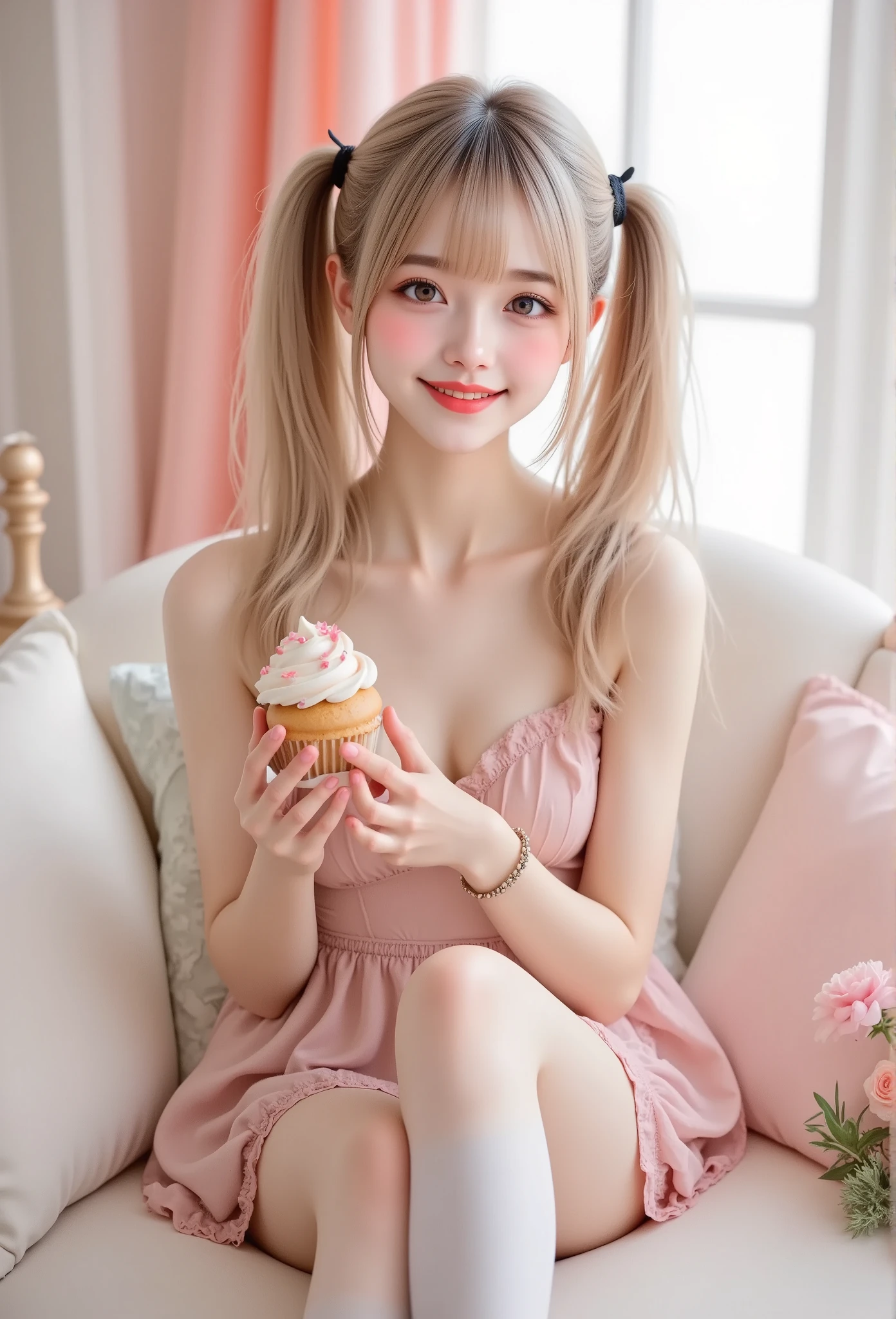 realistic,photo realistic,kawaii girl\(20 years old,twin-tails, holding a cupcake, smile,one eye closed\),pastel,
pastel pink and purple tones,
soft orange, twin-tails, holding a cupcake, smile,one eye closed, intricate details, pastel colors, white stockings, elegant background with soft curtains, bright lighting, adorable pose, kawaii style, sweet and innocent vibe, delicate accessories, fantasy ambiance, soft glow