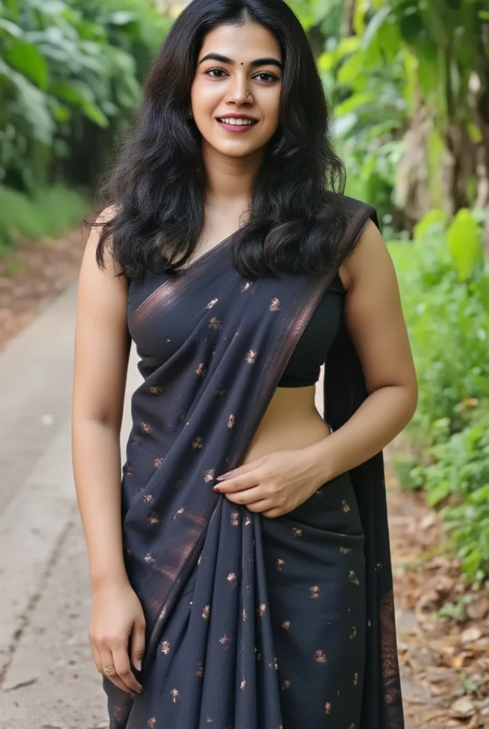 Photo of Kerala mallu female with fair Indian skin tone aged 29 and black long hair. chubby muscular body figure and big breast.Wearing black printed saree and sleeveless black blouse in kerala pond.Full size photo.big breast.Detailed photo. Realistic photo. Photo taken in nikon camera.face looking straight.