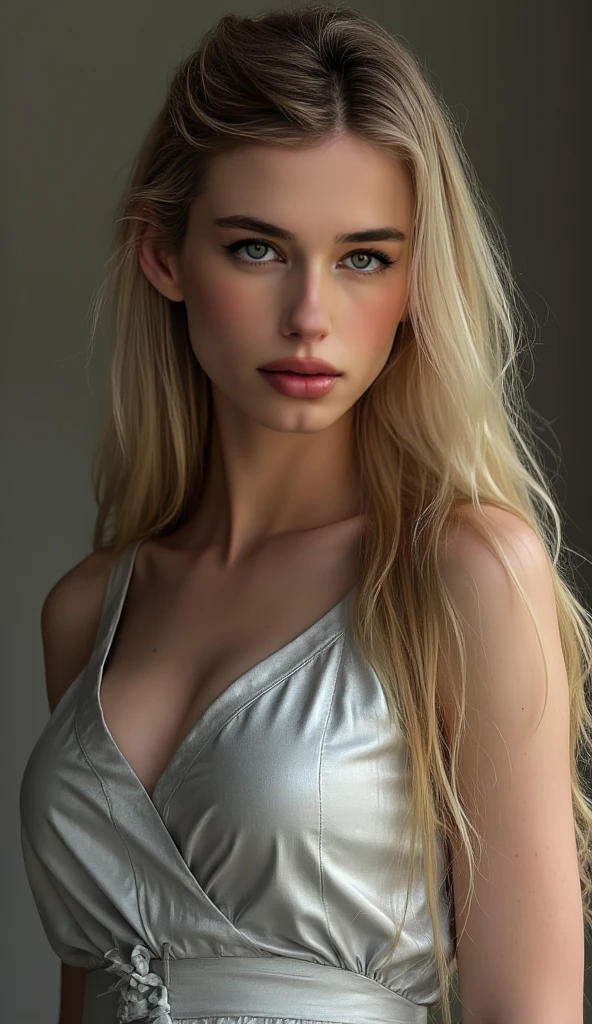 (Best quality,8k,high resolution,masterpiece:1.2),Digital Artwork,A girl,Delicate face,Delicate eyes,Mi blonde hair,Long straight hair,shiny blue eyes,Red lips,particle,dust,Warm colors,shy,in love,Eevee drawing,Men's white collar shirt,necklace,Pretty Face,Large Breasts,more than_Body,Tyndall effect,lifelike,Dark Studio,(HD Skin:1.2),8k Ultra HD,Soft Light,high quality,Edge lighting,Two-color lighting,Volumetric Lighting,frank,Professional photography,超high resolution,8k,Bokeh,Shallow depth of field,Film photos