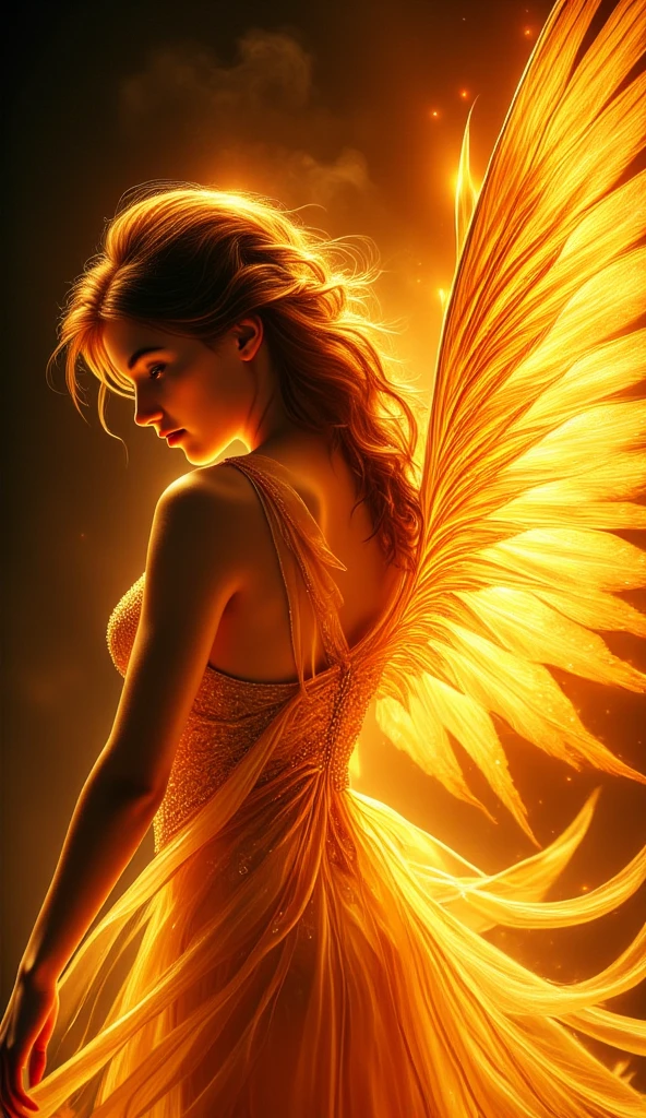 Beautiful and delicate female angel with long brown hair that is flowing down, glowing skin. He had majestic large feathered wings made of golden flames that exuded warmth and strength. His face showed a calm yet intense expression, as he stared down thoughtfully. He was partially covered with a flowing semi-transparent cloth that swirled around him like embers in a dark, smoky environment. The artwork should include realistic lighting effects that highlight the light of the flames and gold accents on its body and wings, giving it a dynamic and magical fantasy aesthetic. The style should be hyper-realistic with intricate details, lively fiery tones, and soft contrasting shadows.