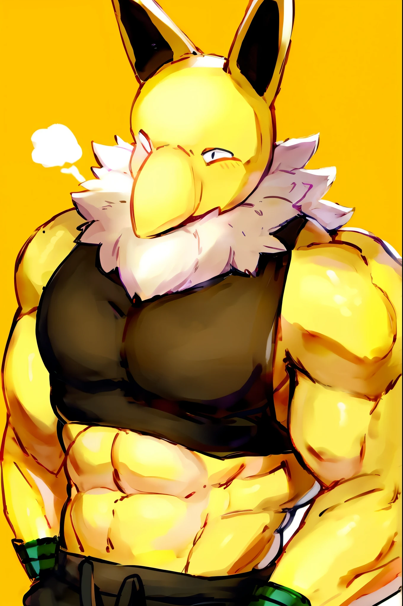 Furry, Anthro, solo, Hypno, Male, (((muscular body, massive thighs, massive male pectorals, fluffy neck, yellow skin, wearing black tanktop, wearing black sweatpants, wearing white fur around neck, looking around))), ((((massive biceps)))), ((((((massive bulky torso, wide-eyed, head tilted)))))), black/yellow spraypainted background, by buta99, by zackary911, by bebebebebe, (((digital painting)))