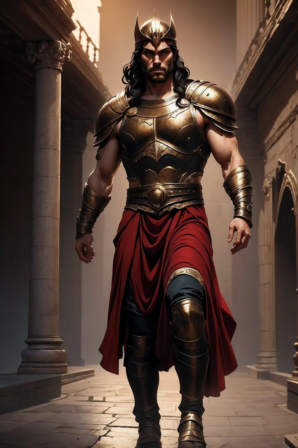 a 45 year old man, black hair, helmet ,prince of troy ,hector of troy, (best quality,4k,8k,highres,masterpiece:1.2),ultra-detailed,(realistic,photorealistic,photo-realistic:1.37),hyperrealistic,cinematic lighting,extremely detailed face and body,dramatic pose,epic scale,dramatic lighting,dark moody colors,chiaroscuro lighting,dramatic shadows, on the war, whole body, comic style, walking, in combat, show the feets