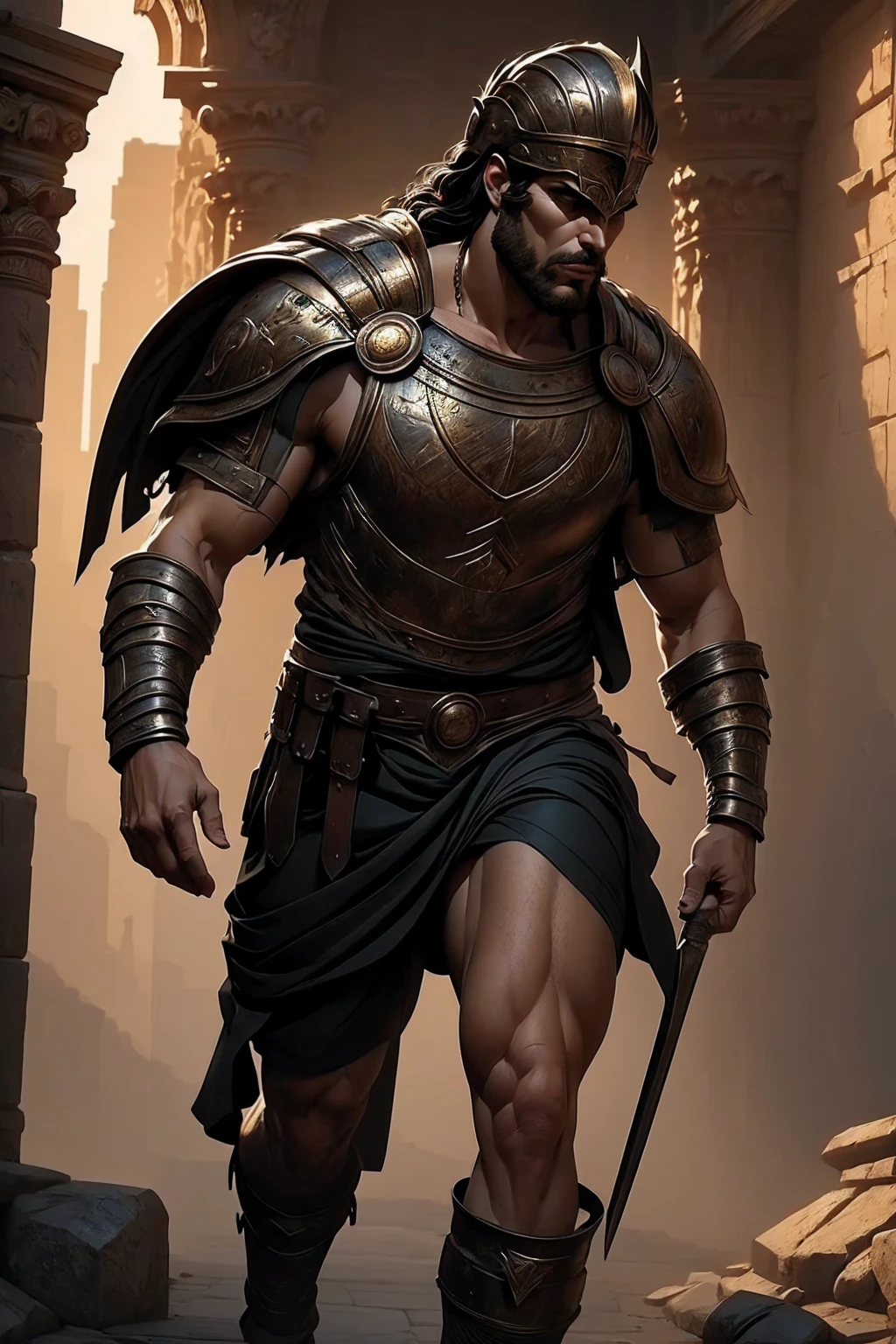 a 45 year old man, black hair, helmet ,prince of troy ,hector of troy, (best quality,4k,8k,highres,masterpiece:1.2),ultra-detailed,(realistic,photorealistic,photo-realistic:1.37),hyperrealistic,cinematic lighting,extremely detailed face and body,dramatic pose,epic scale,dramatic lighting,dark moody colors,chiaroscuro lighting,dramatic shadows, on the war, whole body, comic style, walking, in combat, show the feets