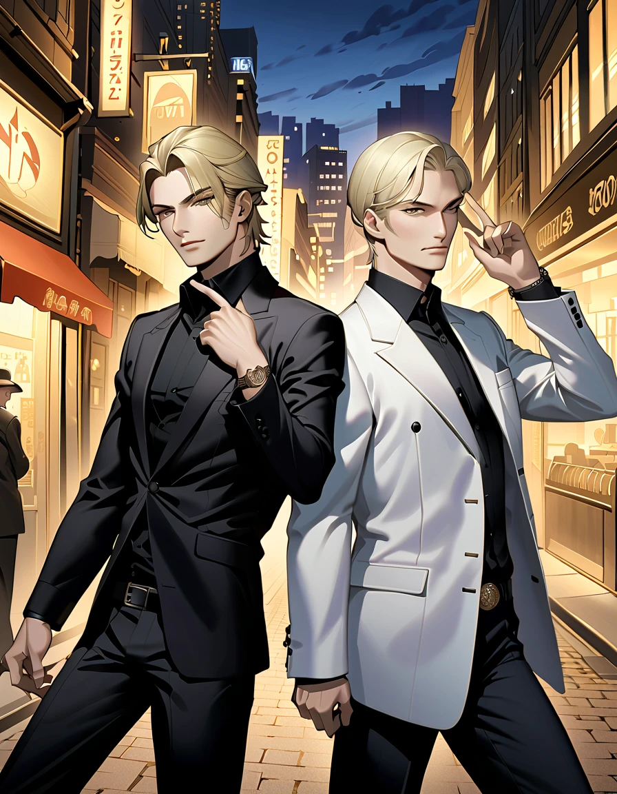 2 men、One side is blond 、抱きしめ合うハンサムな2 men、Blond and dark-haired men、 black shirt 、night、mafia、Around town、City、 russian、Age 30、One side is a peace sign、 cowboy shot　