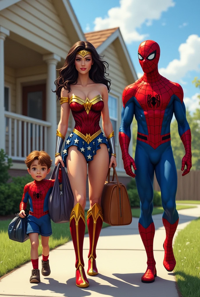 Caption america in super hero dress with son and wife