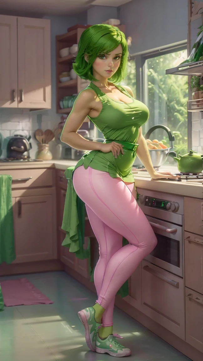 disgust (( full body view )), ((short green straight hair )),  Seductive Look ((big breasts very nice legs big buttocks wide hips slim waist )), ((  You are in your kitchen preparing food )) (( dressed in a kitchen apron , pink polo leggings pants,  white sneakers )), posing in a very sexy and sensual way ,  is in your home kitchen , ((big breasts pretty buttocks  )),  large window good lighting ,  4K resolution , large kitchen 