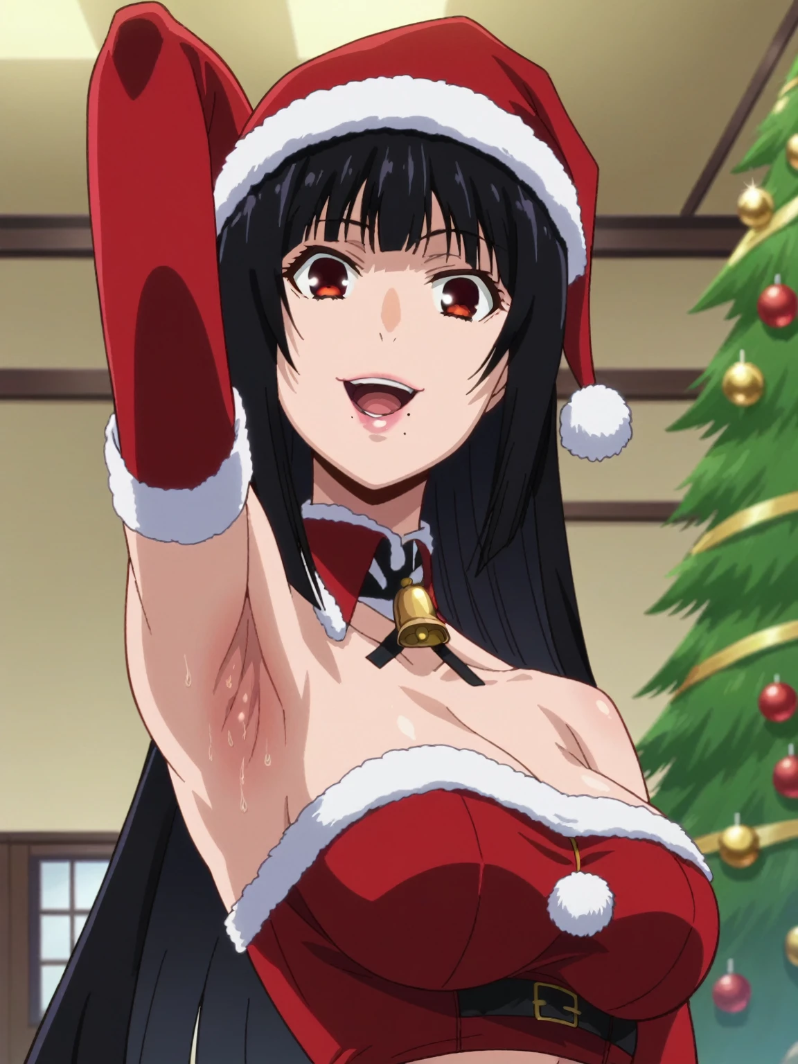 masterpiece,1girl, hinata hyuga,Her big breasts_hair, gloves, black_gloves, fur_trim, hat, santa_costume, christmas, open_mouth, smile, bell, solo, red_headwear, pantyhose, Christmas city_background, santa_hat,