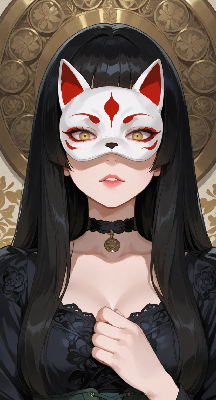 Juufuutei Raden,black choker, black dress, green corset, cool, source anime, makeup, madness, beautiful shiny hair,atmospheric, indulgence, symbolic, profound, Japanese pattern background, holding a no eyes fox mask with hand, (open eyes fully), (wide-eyed:0.8), looking at viewer, front view, masterpiece, best quality ,very aesthetic, malerisch, detailed face, absurdres,beautiful-detailed eyes, ultra detailed, beautiful lip, beautiful, Majestic, portrait,