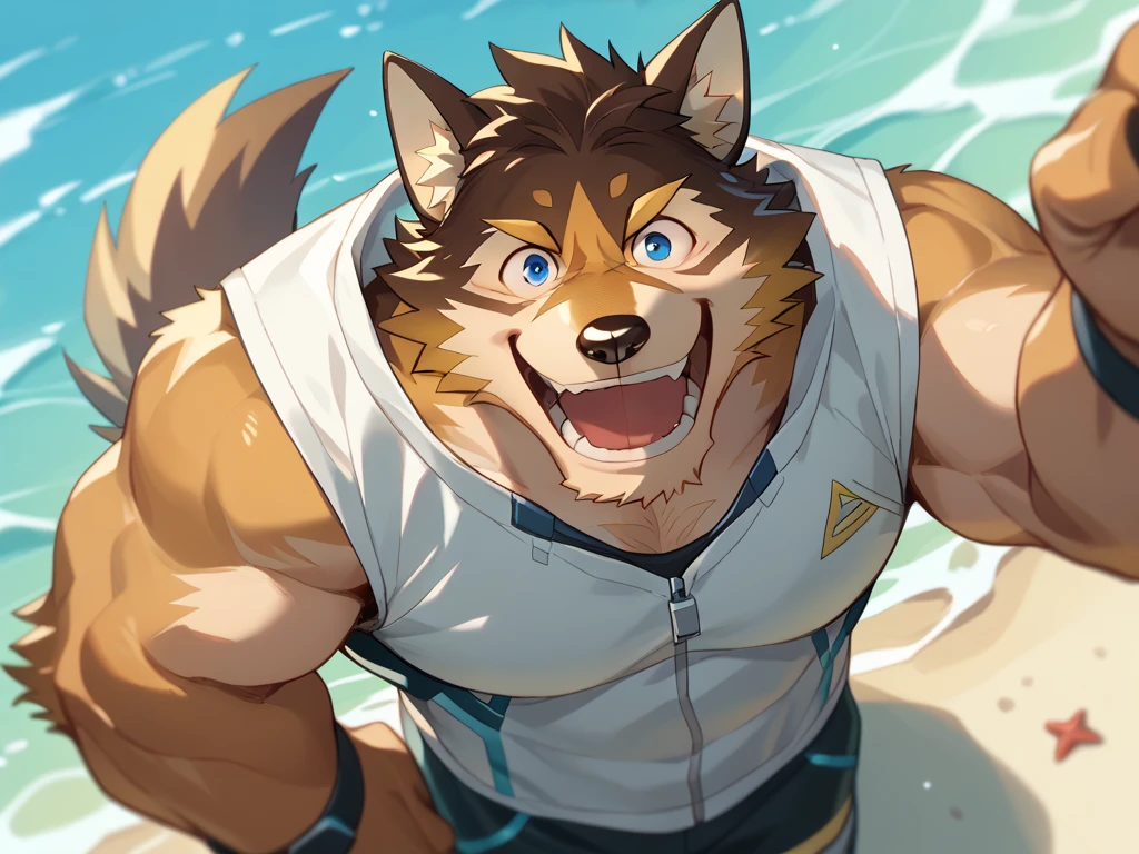 ((Best quality, masterpiece, detailed anatomy, detailed eyes, detailed hands, perfect lighting, perfect shading.)), by Buta99, by SpiritD, 1male, Wolf, brown furs, tight body, dark brown eyes, skinny body, young body, blue hoodie crop top, black jogger, black boots, smile, show sharp teeth, on the lake