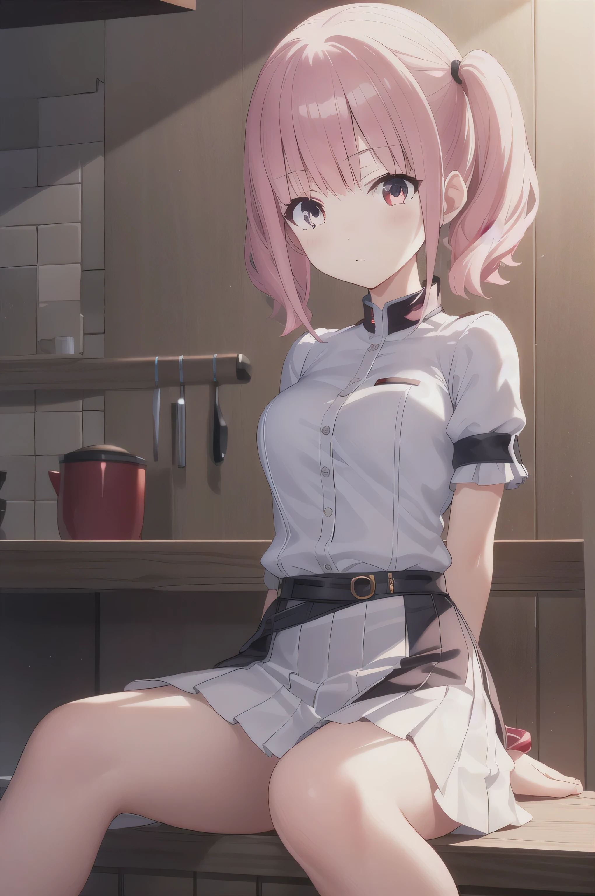  a girl ，Short hair,  bangs,  Pink Hair,  hair between eyes, (Red Eyes:1.5),  (Medium breasts:1.2), Twin ponytails，
rest  锁骨,  white shirt , Pleated Skirt, mini skirt, bracelet,  white skirt ,cliff arch，
rest looking at viewer, whole body,
rest indoors, kitchen，
rest (masterpiece:1.2),  best quality,  High Resolution,  Unity 8K Wallpaper , (illustration:0.8), ( beautiful and delicate eyes:1.6),  Extremely detailed face , Perfect lighting,  extremely detailed CG , (Perfect hands,  perfect anatomical structure ),