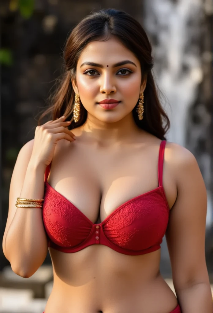 A sexy Indian wife with a huge round  hanging and long cleavage line visible in a sexy red saree &   net see through balconette bra, getting ready for sex with husband, silky long hair, seductive look, sexy waist and hips , under waterfall ,day scene , sexy legs. full body view , ultra HD, 8K full body view