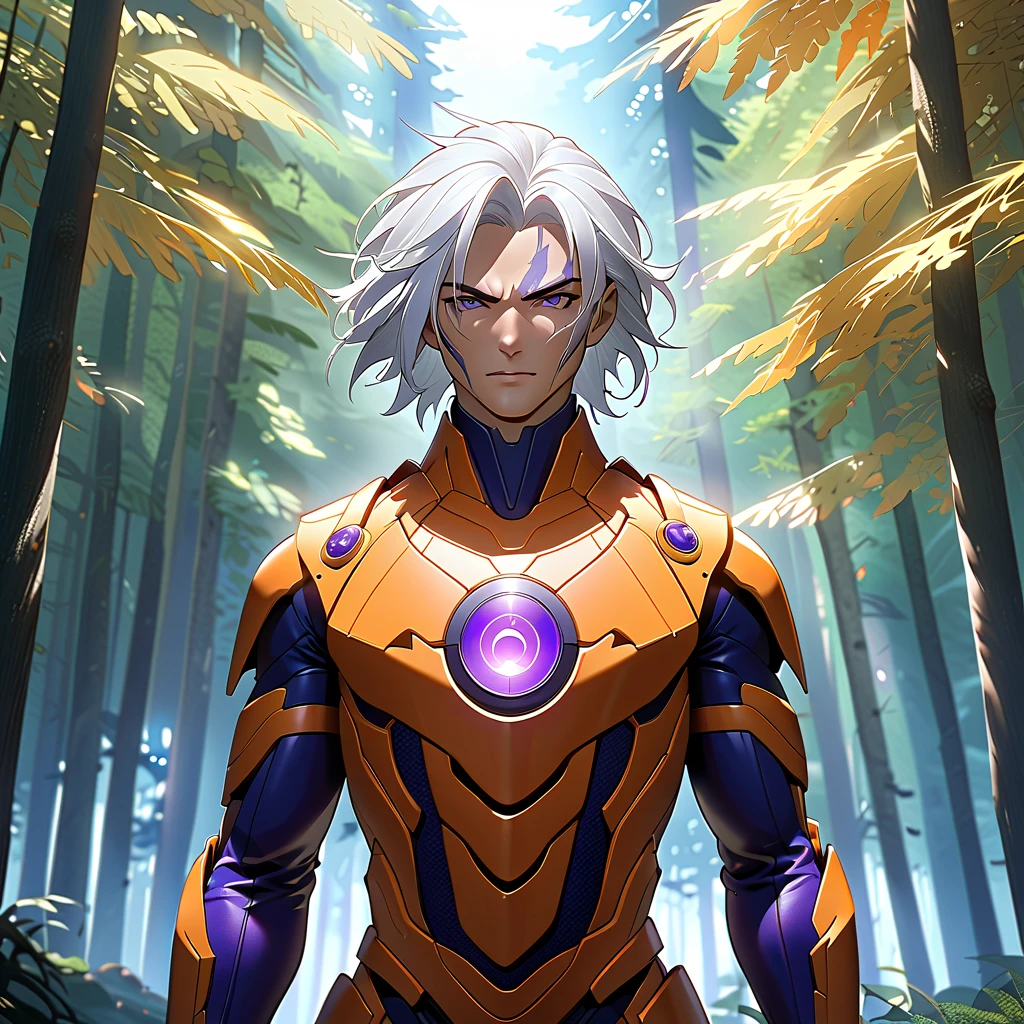   " A warrior inspired by the Dragon Ball universe ,  with pointed white hair ,  floating in the air while emitting a powerful aura of light energy .  The character wears a futuristic battle suit with details gold and dark blue,  partially covered by scars and combat marks .  The background shows a mystical forest with tall trees shrouded in fog ,  with rays of light passing through the cups . in the sky,  a vibrant sunrise with shades of orange and purple illuminates the scene . estilo cinematográfico,  dynamic lighting , ultra-realistic,  with attention to detail in textures and facial expressions . Rendered in 4K UHD ,  looking at the spectator "