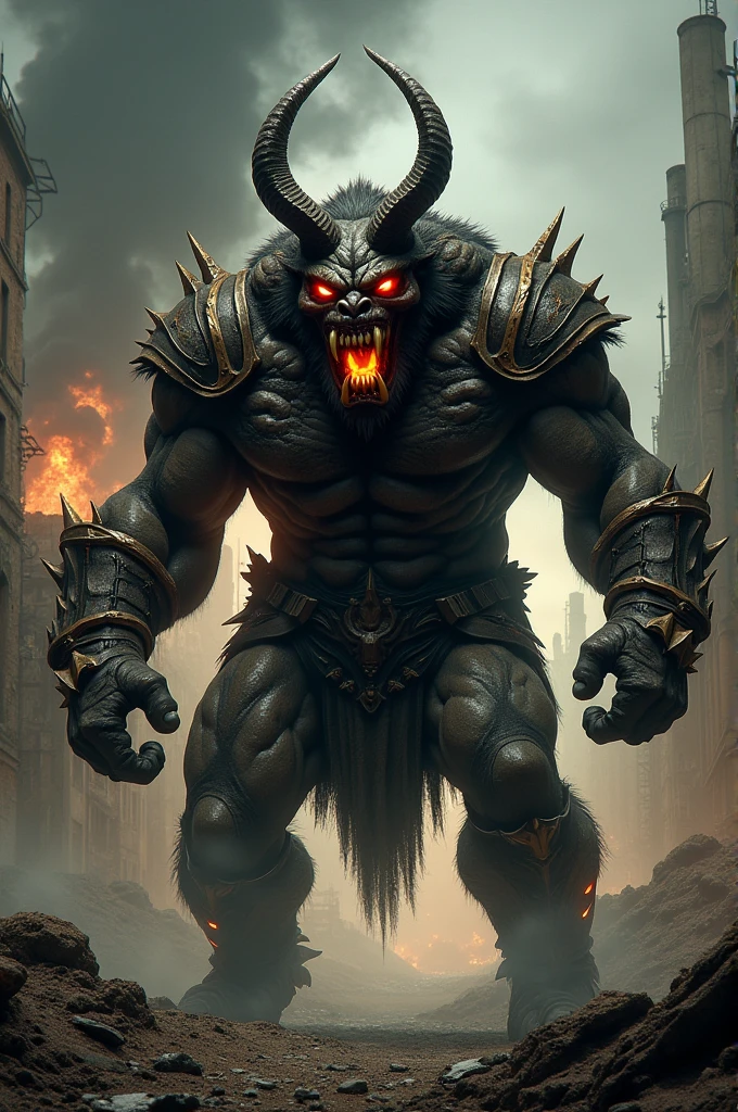 The monster is a large and powerful creature, with black skin and golden horns, It has glowing red eyes, and razor-sharp teeth. The monster is fast, strong and incredibly dangerous,