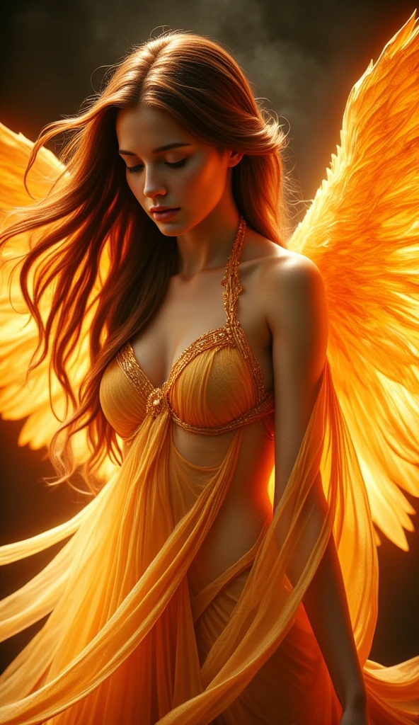 Beautiful and delicate female angel with long brown hair that is flowing down, glowing skin. He had majestic large feathered wings made of golden flames that exuded warmth and strength. His face showed a calm yet intense expression, as he stared down thoughtfully. He was partially covered with a flowing semi-transparent cloth that swirled around him like embers in a dark, smoky environment. The artwork should include realistic lighting effects that highlight the light of the flames and gold accents on its body and wings, giving it a dynamic and magical fantasy aesthetic. The style should be hyper-realistic with intricate details, lively fiery tones, and soft contrasting shadows.