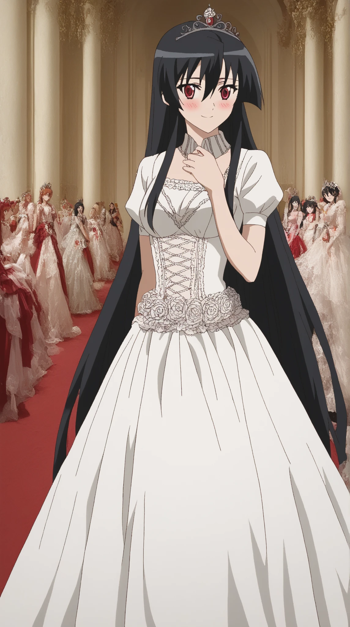 score_9, score_8_up, score_7_up, source_anime, akame, long hair, black hair, red eyes, hair between eyes, in a majestic, indoor palace setting, adorned in a shimmering white satin bridal gown boasting a voluminous princess skirt, an elongated trail, a harmoniously fascinating veil, and an intricately laced and diamond-encrusted bodice with a bow. Victorian style wedding gown with lace, frills and ribbons. ribbon belt on waist, Crowning her head is a princess's tiara, (masterpiece), best quality, expressive eyes, perfect face, perfect anatomy, perfect hands, cute smile, bridal makeup, blushing
