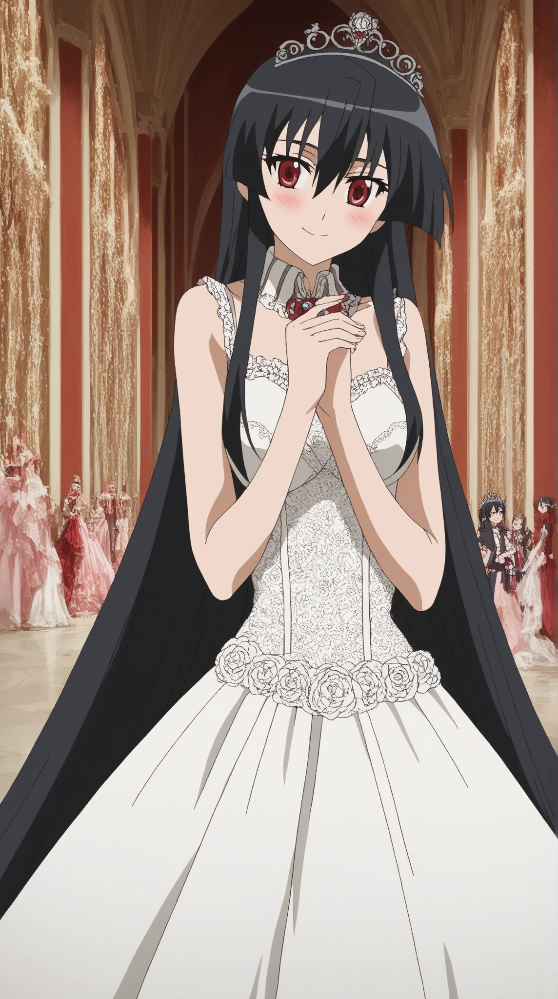 score_9, score_8_up, score_7_up, source_anime, akame, long hair, black hair, red eyes, hair between eyes, in a majestic, indoor palace setting, adorned in a shimmering white satin bridal gown boasting a voluminous princess skirt, an elongated trail, a harmoniously fascinating veil, and an intricately laced and diamond-encrusted bodice with a bow. Victorian style wedding gown with lace, frills and ribbons. ribbon belt on waist, Crowning her head is a princess's tiara, (masterpiece), best quality, expressive eyes, perfect face, perfect anatomy, perfect hands, cute smile, bridal makeup, blushing
