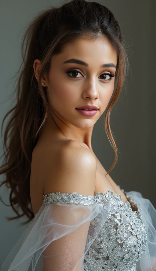 A beautiful girl in a silver dress, highly detailed portrait, elegant pose, cinematic lighting, photorealistic, 8k, best quality, masterpiece, intricate details, volumetric lighting, hyper realistic skin, detailed facial features, mesmerizing eyes, lush lips, long eyelashes, soft glowing skin, flowing silver dress, graceful movement, serene expression, atmospheric background, cinematic framing