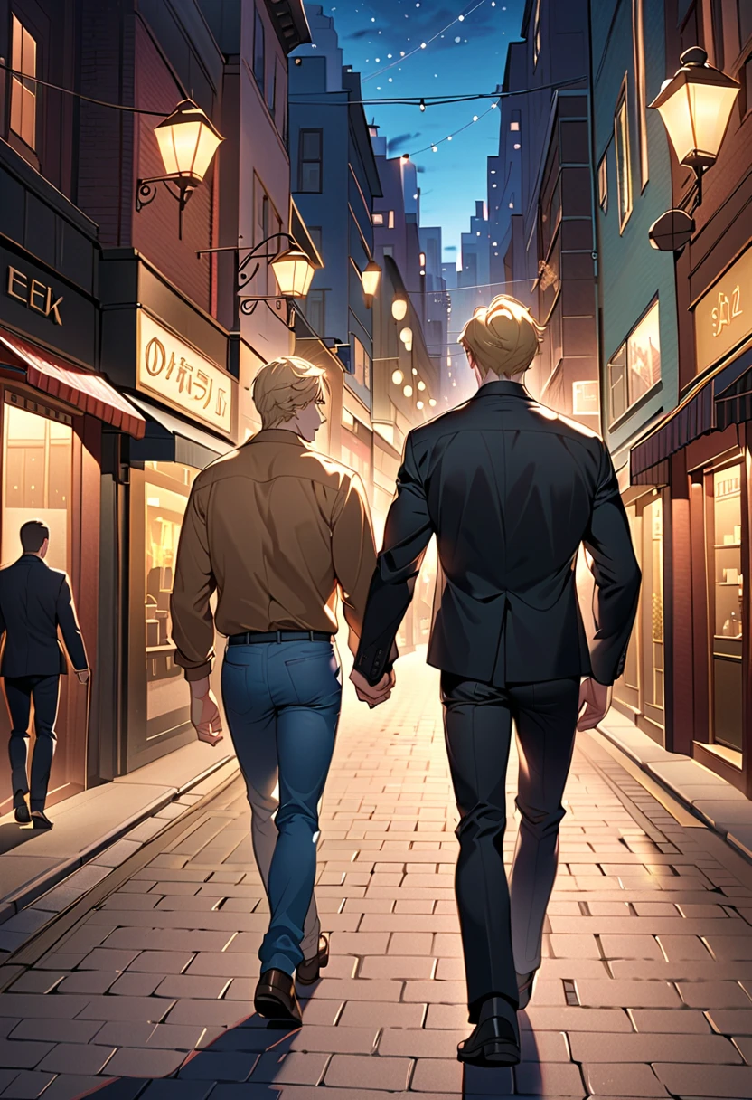 2 men、One side is blond 、 Handsome Man 、Blond and dark-haired men、 black shirt 、night、Around town、City、 russian、Age 30、Tall、Friendship、 walking hand in hand、Two men looking backwards