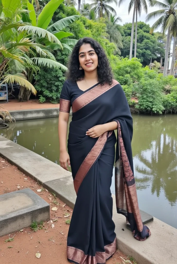 Photo of Kerala  mallu female with fair Indian skin tone and black long hair. chubby  body figure and big breast.Wearing black printed saree and sleeveless black blouse in kerala pond.Full size photo.big breast.Detailed photo. Realistic photo. Photo taken in nikon camera.face looking straight.