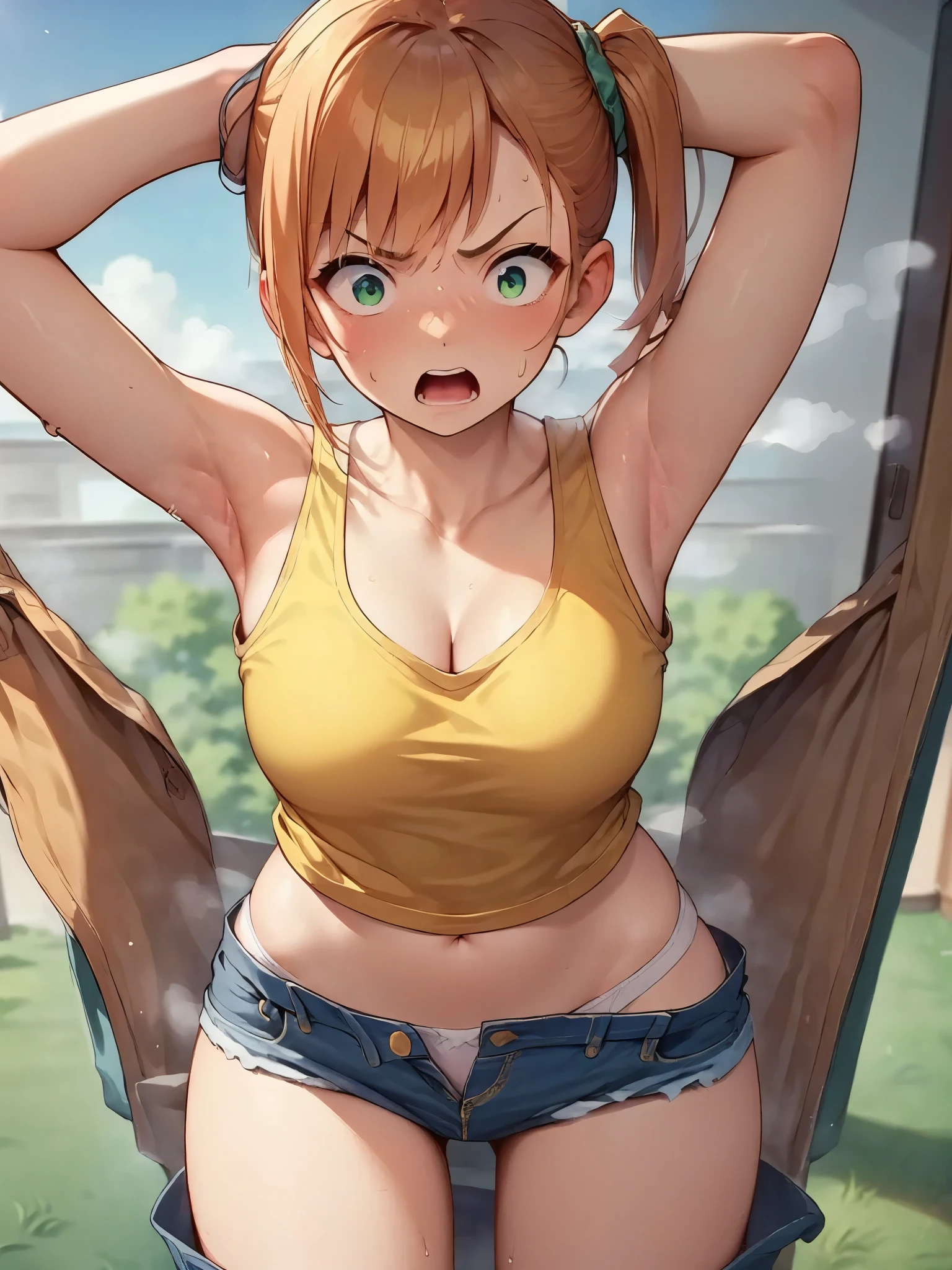 score_9,score_8, score_7_.superior,from below:1.5,breast focus, ., (mature;1.2) , (outcome), One girl, , Foggy, alone, Outdoor, Green Eyes, Orange Hair, Side Ponytail, Yellow Shirt, Sleeveless shirt,belly button, Denim shorts, suspenders, Captivating look, Seductive expressions),(under_boob),,arms up,arms behind head,,great lighting, perfect hands, detailed shadows,sky,grass, 　anime artwork, anime style, key visual, vibrant, studio anime, highly detailed, newest, late, anime coloring, masterpiece, best quality, best aestethic, absurdres,