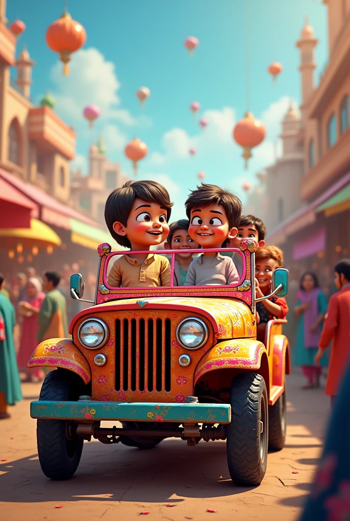 Create an animeted colored photo, where a girl and a boy is in a running rickshaw. There is also a rickshaw puller. It is in a busy road.