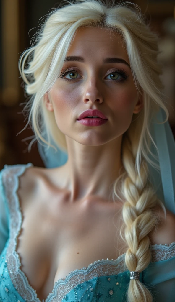 A stunning high angle portrait of piper perri as Elsa puckering her lips, she is sexy , queen of arendelle, young and beautiful, hyper realistic, real portrait, backlit, exquisite features, cleavage, sexy, seductive, interior or an ornate castle ballroom with high ceilings, show skin, blue eyes, she is naked, exposed breasts, puckering her lips in a soft kiss, pink lip gloss